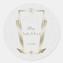 Royal Gold White Art Deco Monogram Weddenschap Ronde Sticker