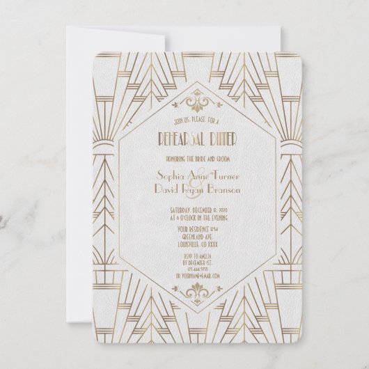 Royal Gold White Great Gatsby Rehearsal Dinner Kaart (Voorkant)