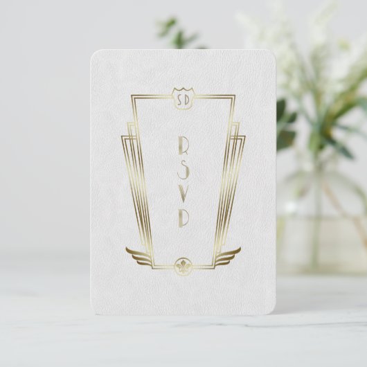 Royal Gold Witte Art Deco Monogram Huwelijk RSVP (Staand voorkant)