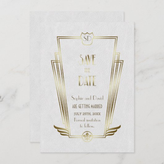 Royal Gold Witte Art Deco Monogram Save The Date (Voorkant / Achterkant)