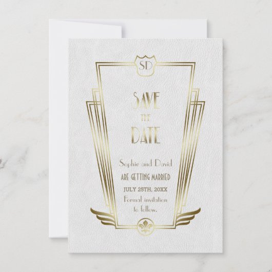 Royal Gold Witte Art Deco Monogram Save The Date (Voorkant)