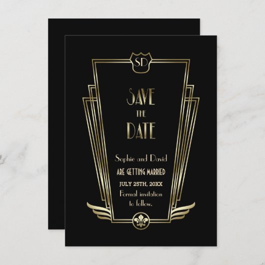 Royal Gold Zwarte Art Deco Monogram Save The Date Kaart (Voorkant / Achterkant)