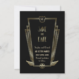Royal Gold Zwarte Art Deco Monogram Save The Date Kaart