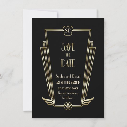 Royal Gold Zwarte Art Deco Monogram Save The Date Kaart (Voorkant)