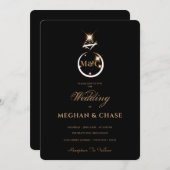 Royal Golden Diamond Ring Monogram Black Wedding Kaart (Voorkant / Achterkant)