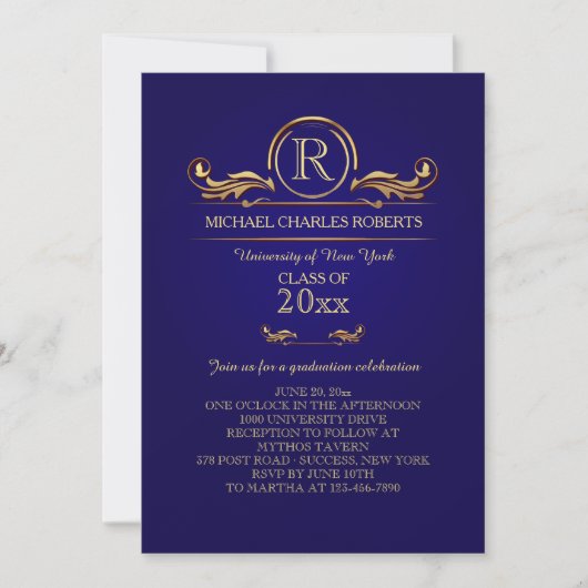Royal Golden Monogram Blauw Afstuderen Invitation Kaart (Voorkant)