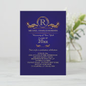 Royal Golden Monogram Blauw Afstuderen Invitation Kaart (Staand voorkant)