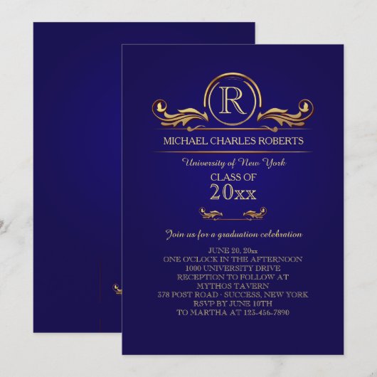 Royal Golden Monogram Blauw Afstuderen Invitation Kaart (Voorkant / Achterkant)