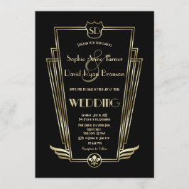 Royal Goud Art Deco Monogram Zwarte Trouw Uitnodig Kaart