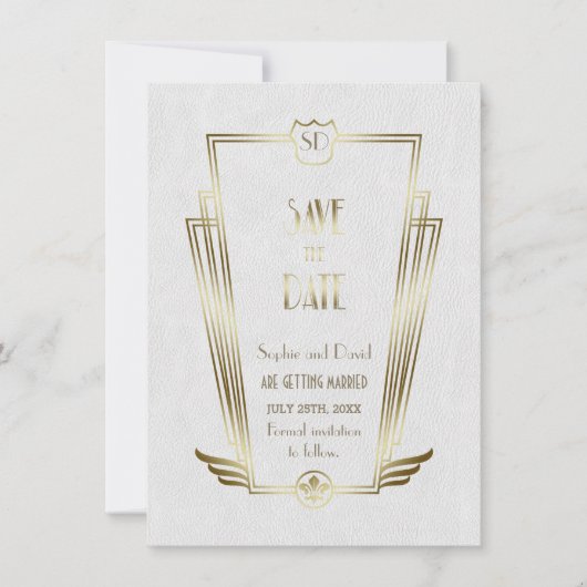 Royal Goud Witte Art Deco Monogram Save The Date (Voorkant)