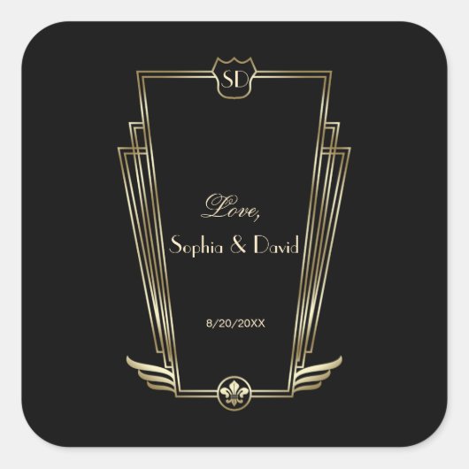 Royal Gouden Art Deco Monogram Huwelijk Vierkante Sticker (Voorkant)