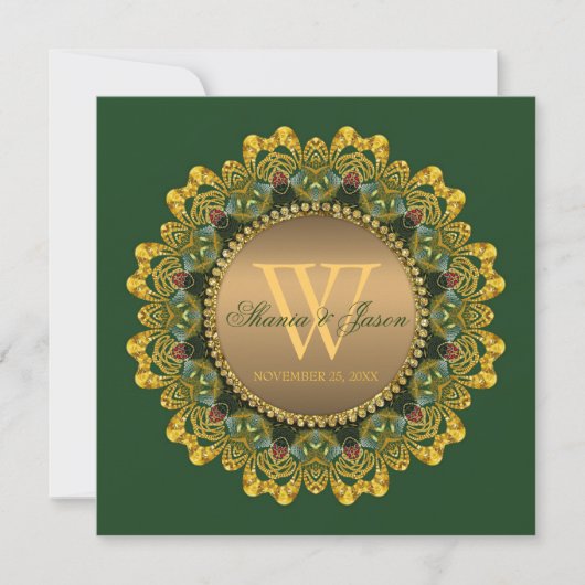 Royal Green en Gold Mandala Lace Wedding Kaart (Voorkant)