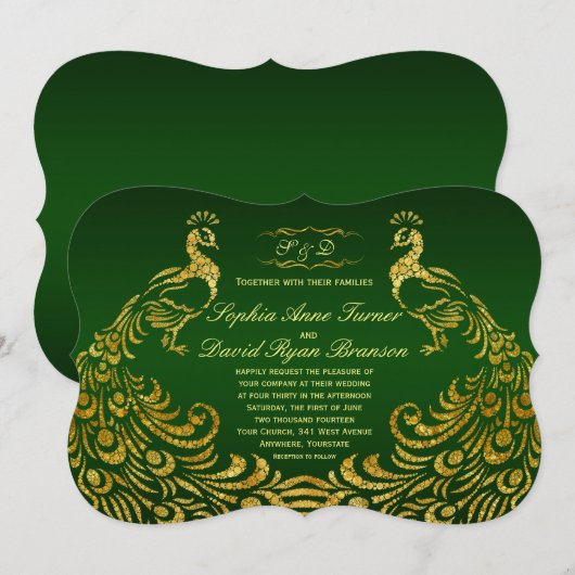 Royal Green Faux Gold Peacock Wedding Invitation Kaart (Voorkant / Achterkant)