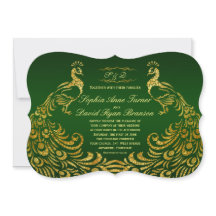 Royal Green Faux Gold Peacock Wedding Invitation
