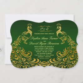 Royal Green Faux Gold Peacock Wedding Invitation Kaart