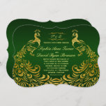 Royal Green Faux Gold Peacock Wedding Invitation Kaart<br><div class="desc">Uniek ontwerp met een Royal Green Gradient background en abstracte Gold Sparking Peacocks voor uw speciale bruiloft. Het zal een unieke indruk geven op je trouwstijl. Wees anders! Pas je eigen gegevens aan. Als u de tekst moet verplaatsen of de grootte, het lettertype of de kleur moet wijzigen, klikt u...</div>