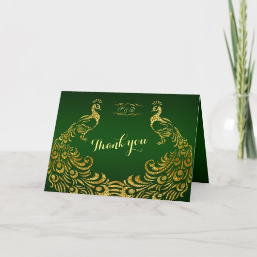Royal Green Gold Peacock Wedding BEDANKT (Voorkant)