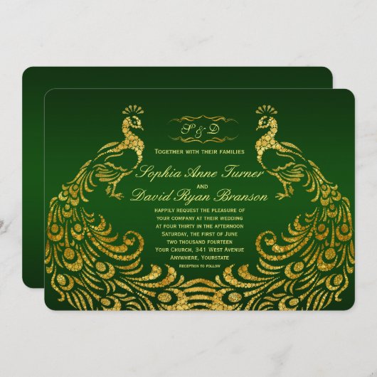 Royal Green Gold Peacock Wedding Invitation Kaart (Voorkant / Achterkant)