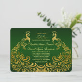 Royal Green Gold Peacock Wedding Invitation Kaart (Staand voorkant)