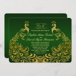 Royal Green Gold Peacock Wedding Invitation Kaart