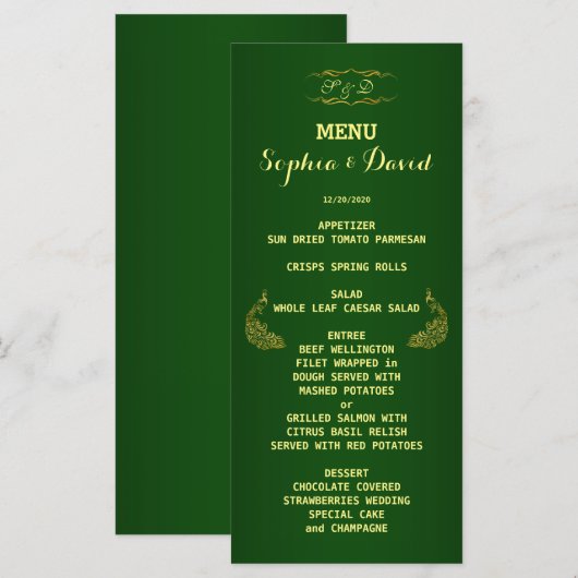 Royal Green Gold Peacock Wedding Menu Custom (Voorkant / Achterkant)