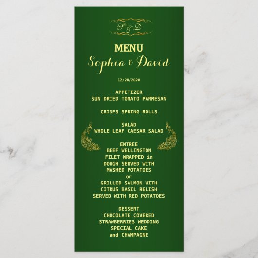 Royal Green Gold Peacock Wedding Menu Custom (Voorkant)