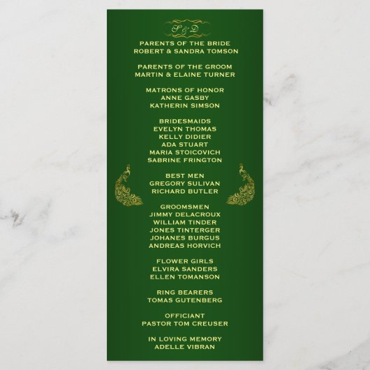 Royal Green Gold Peacock Wedding Program Custom Programmakaart (Achterkant)