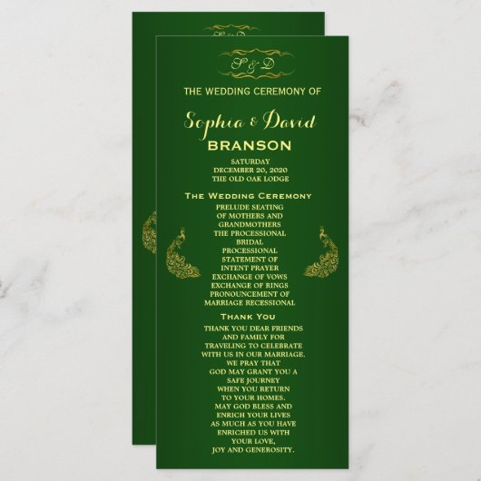 Royal Green Gold Peacock Wedding Program Custom Programmakaart (Voorkant / Achterkant)