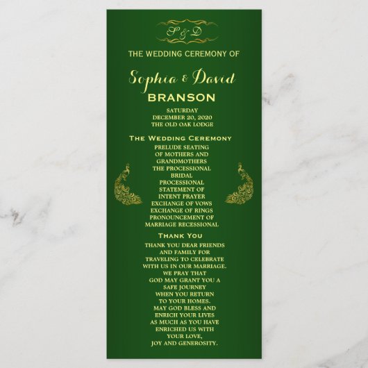 Royal Green Gold Peacock Wedding Program Custom Programmakaart (Voorkant)