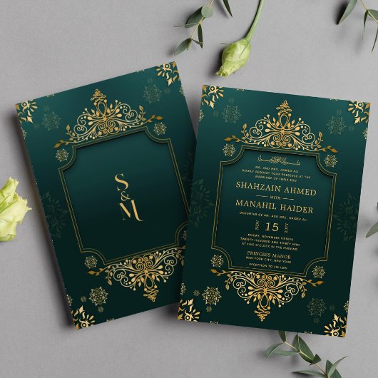 Royal Green I Gold Floral Elegante Moslim bruiloft Kaart