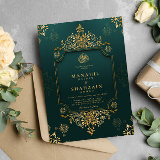 Royal Green I Gold Floral QR Code Moslim Trouwen Kaart
