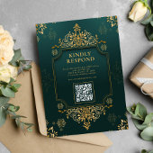 Royal Green I Gold Floral QR Code Moslim Trouwen Kaart