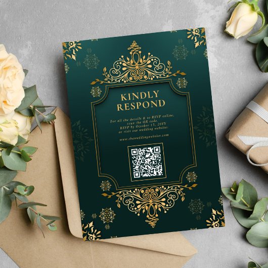 Royal Green I Gold Floral QR Code Moslim Trouwen Kaart