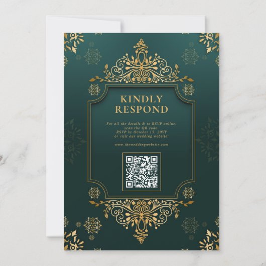 Royal Green I Gold Floral QR Code Moslim Trouwen Kaart (Achterkant)