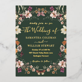 Royal Green Pastel Boho Wildflower Modern Wedding Folie Uitnodiging