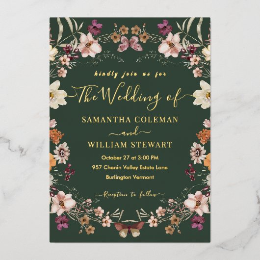 Royal Green Pastel Boho Wildflower Modern Wedding Folie Uitnodiging (Voorkant)