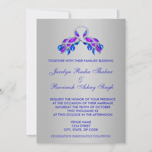 Royal Indian Blauw Zilveren Peacock Bruiloft Kaart (Achterkant)