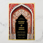 Royal Indian Palace Rode Boog Zwart Bruiloft Goud Folie Uitnodiging (Voorkant)