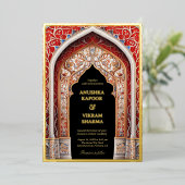 Royal Indian Palace Rode Boog Zwart Bruiloft Goud Folie Uitnodiging (Staand Voorkant)