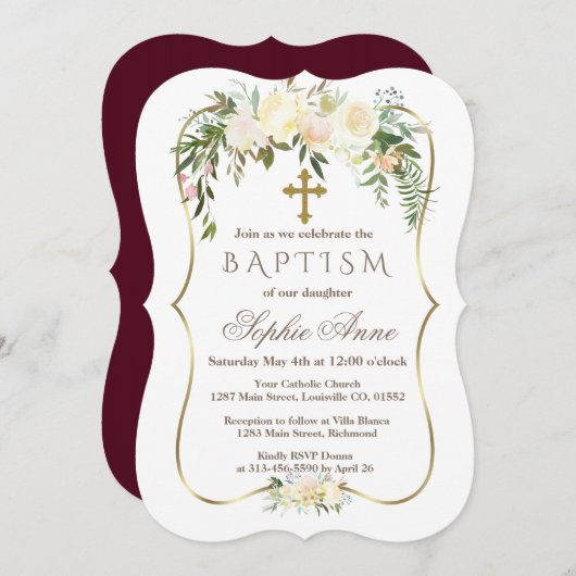 Royal Ivoor Bloem Goud Bourgondië Doop Kaart (Voorkant / Achterkant)