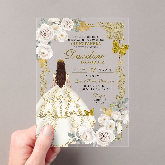 Royal Ivory Beige Princess Quinceañera Acryl Uitnodigingen (Insitu (Draagbaar))