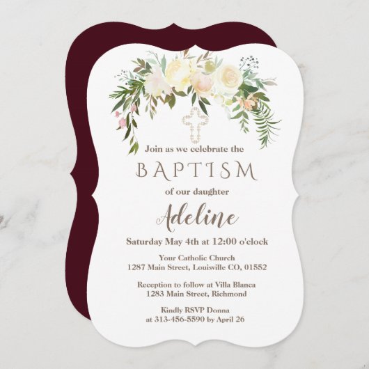 Royal Ivory Floral Burgundy Baptism Invite Kaart (Voorkant / Achterkant)