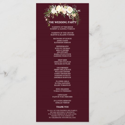 Royal Ivory Floral Burgundy Wedding Programme Programmakaart (Achterkant)