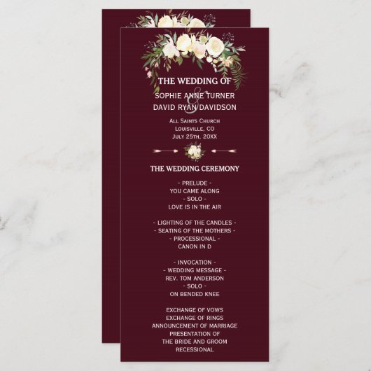 Royal Ivory Floral Burgundy Wedding Programme Programmakaart (Voorkant / Achterkant)