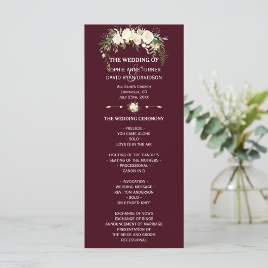 Royal Ivory Floral Burgundy Wedding Programme Programmakaart (Staand voorkant)