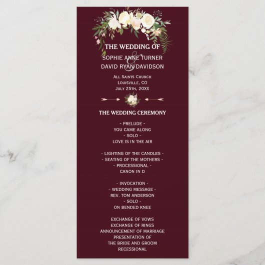 Royal Ivory Floral Burgundy Wedding Programme Programmakaart (Voorkant)