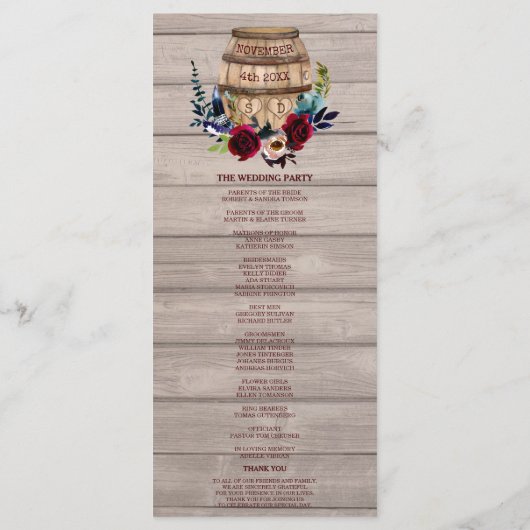 Royal Ivory Floral Burgundy Wedding Programme Programmakaart (Achterkant)