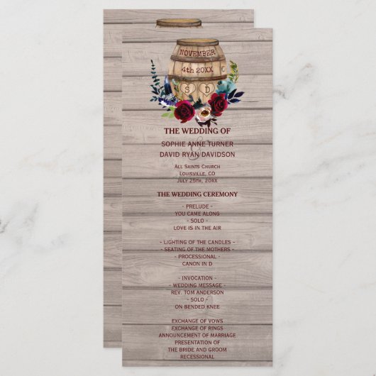 Royal Ivory Floral Burgundy Wedding Programme Programmakaart (Voorkant / Achterkant)