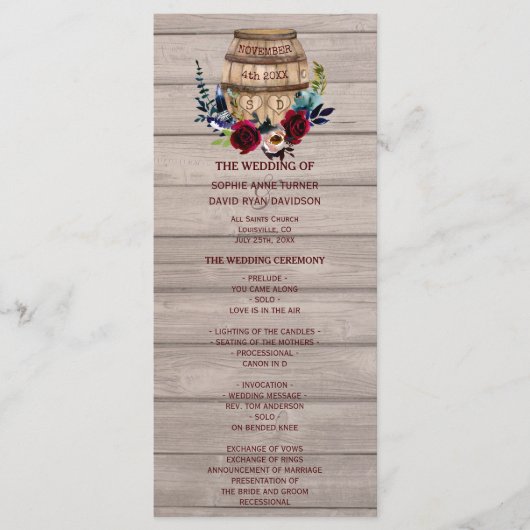 Royal Ivory Floral Burgundy Wedding Programme Programmakaart (Voorkant)