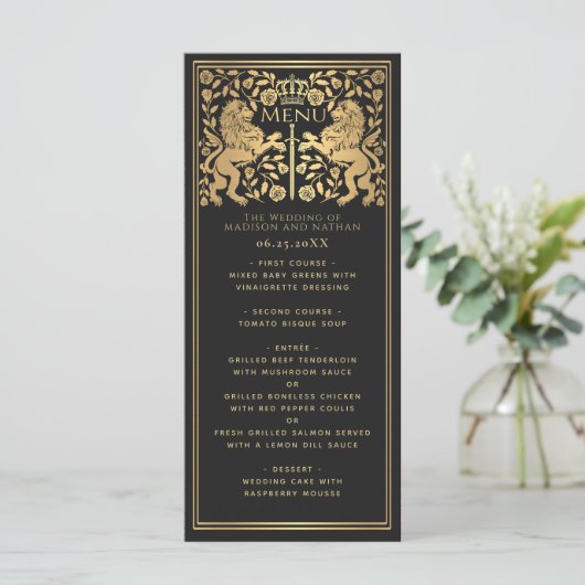 Royal Lion middeleeuws zwaard bruiloft plat menu (Staand voorkant)